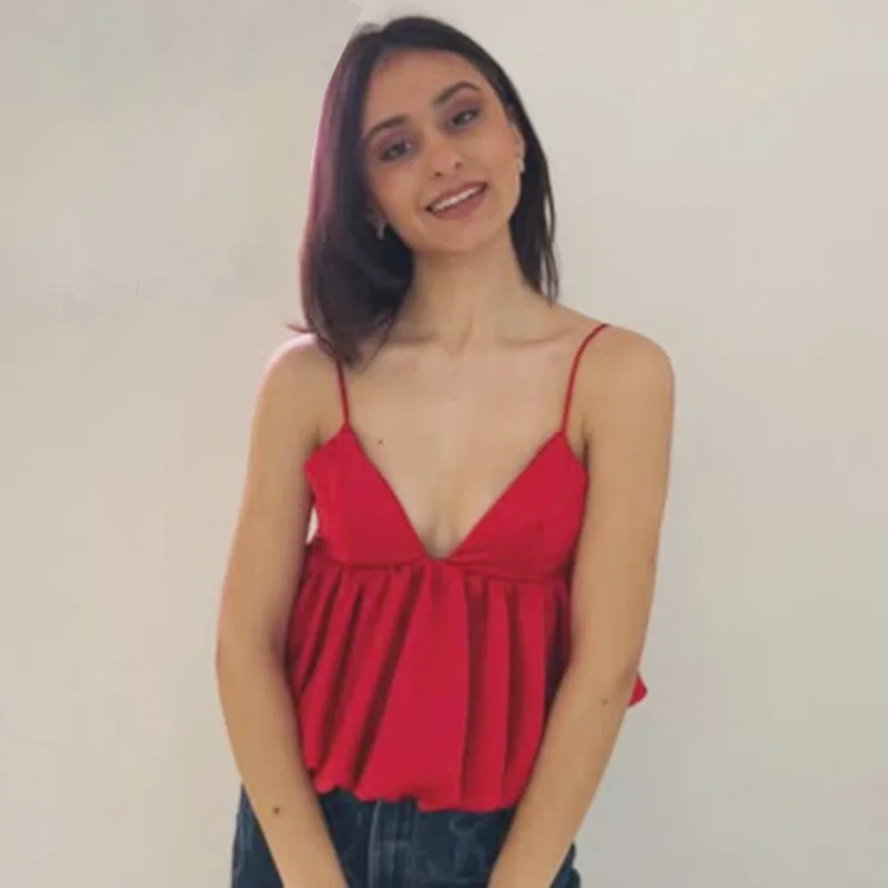 HXAO Damska Satynowa Czerwona Bluzka Letnia Sukienka na Ramiączkach i Top na Ramiączkach Sexy Krótki Top Bez Rękawów z Odkrytymi Ramionami Bufiaste Plecy Bez Pleców Top na Ramiączkach Camisole 066