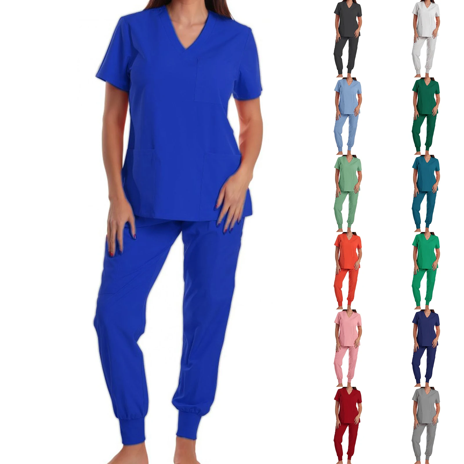 Women's Nurse Scrub Set V-Neck Short Sleeve Multi-Color Jogger Pants Multi-Pocket Medical Uniform Healthcare Workwear