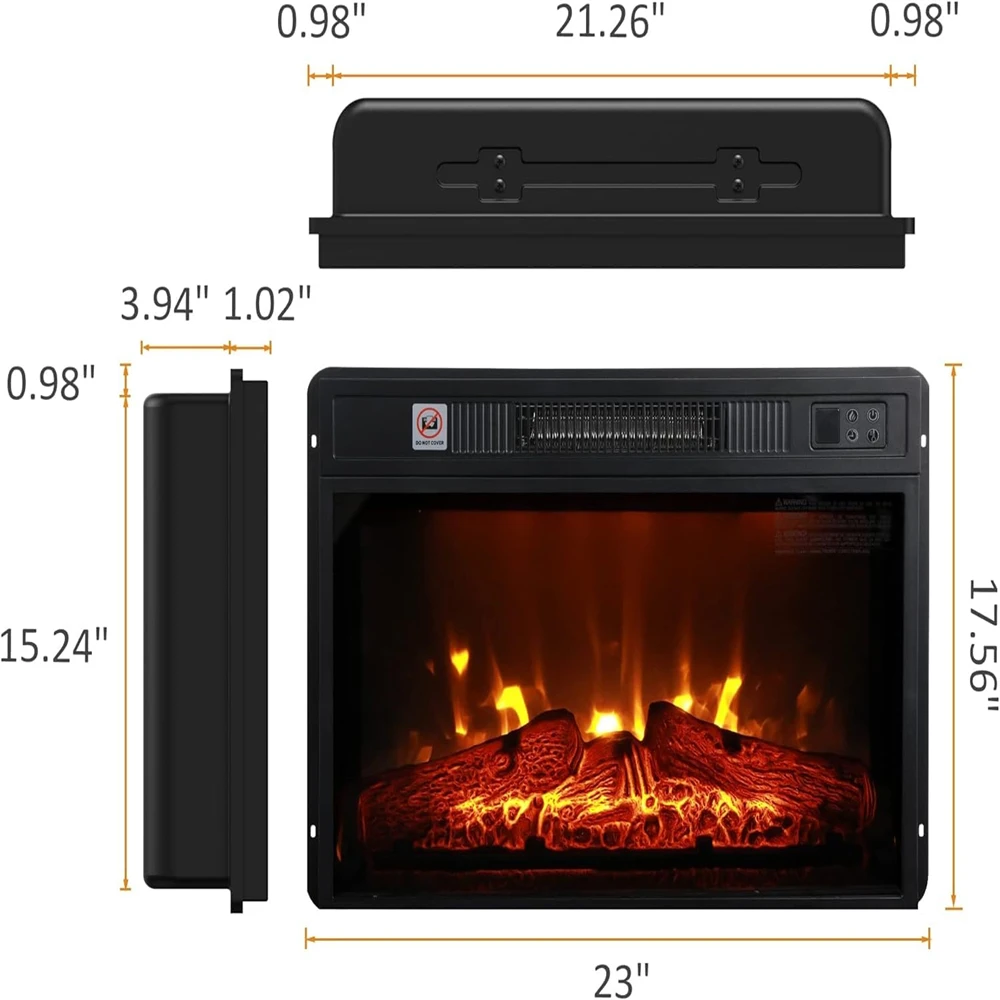 Electric Fireplace, 3DInfrared Black Fireplace Electric Insert Heater, with IR Remote Control, Glass View, Adjustable Flames