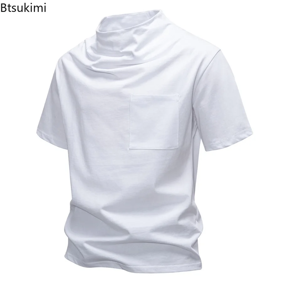 

2025 Summer New Men Pure Cotton Half High Neck T-shirt Fashionable Solid Color Casual Versatile Short Sleeved Top Male Clothing
