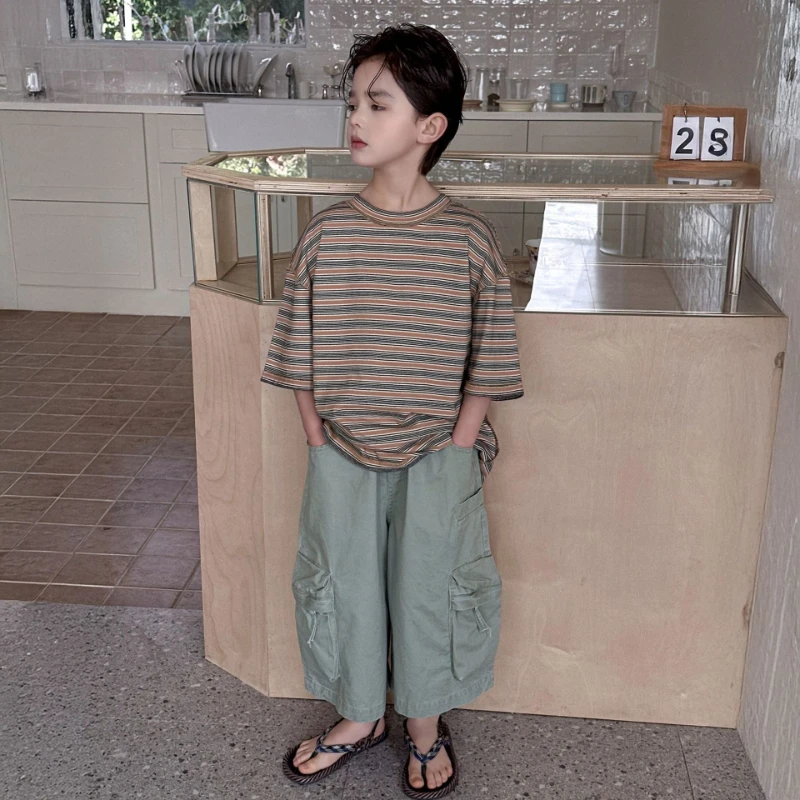 2026 Spring and Summer New Solid Color Water Washed Soft Cotton Multi Pocket Work Clothes Nine Leg Pants for Children