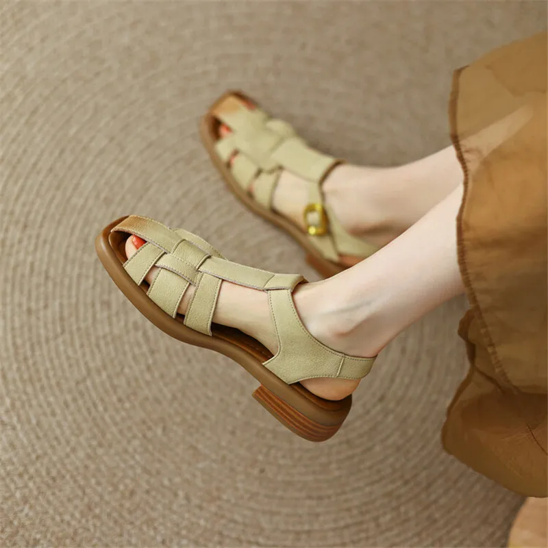 2023 New Summer Sandals Split Leather Low Heels Woman Shoes Chunky Heel Square Toe Sandals Shoes Handmade Casual Women Pumps