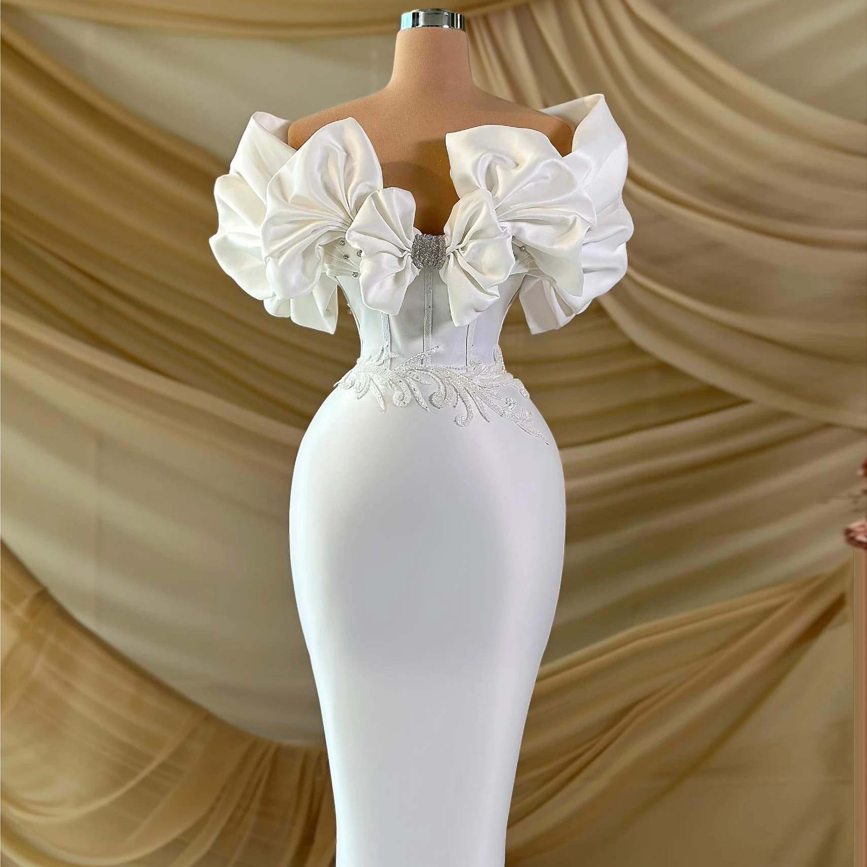 

Vintage Fashion Design Customized Wedding Dress Elegant Satin Pleated Mermaid فساتين سهرة Vestidos de novia