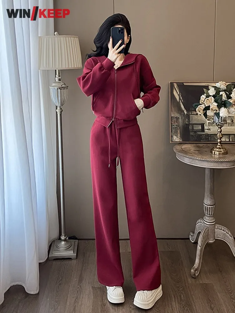 Women Outdoor Jacket Fitness Set Slim Fit Zipper Turn Down Collar Two Piece Running Set Wide Leg Pants Ladies Jogging Tracksuit