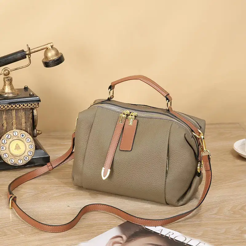 Genuine leather women's handbag first layer cowhide Boston bag 2025 fashion wide shoulder strap single-shoulder crossbody bag