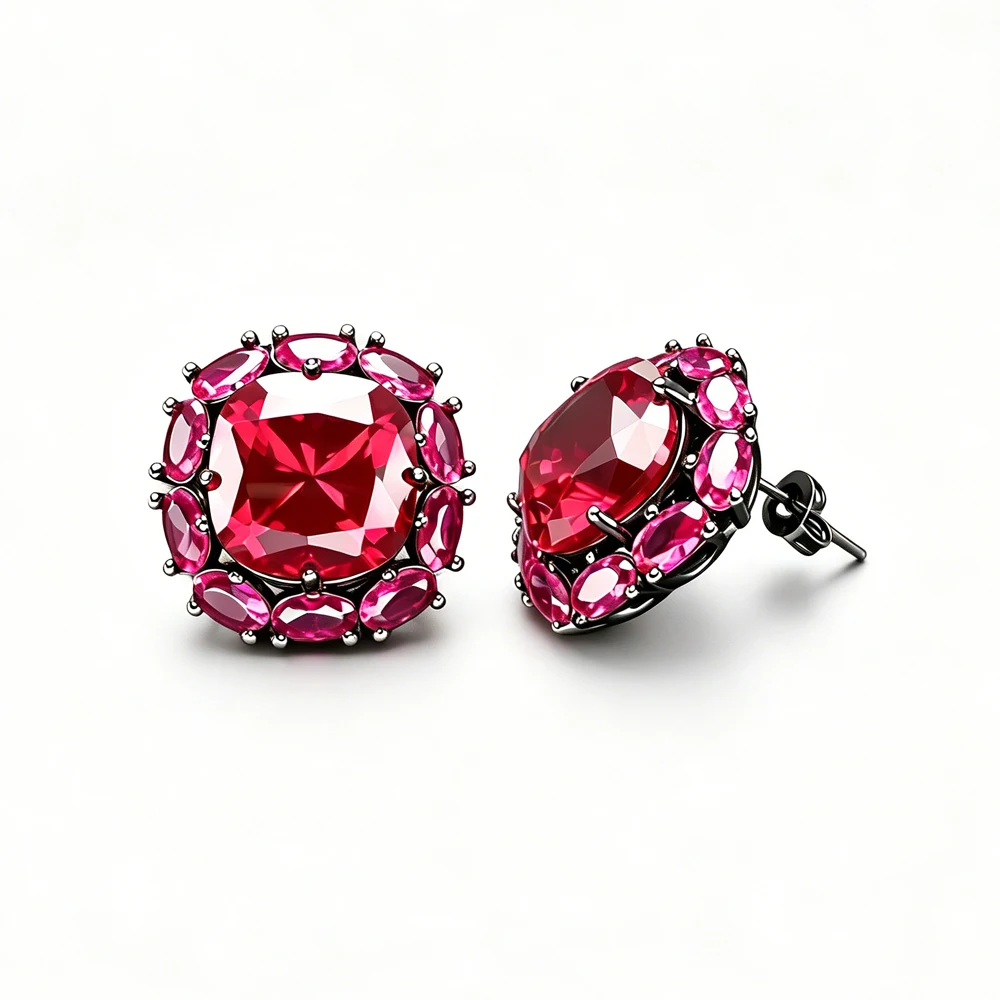 New Design Synthetic Ruby Earrings Black Gold Red Corundum Gemstone Cu14mm Fine Jewelry for Women Party Birthday Daily Wear