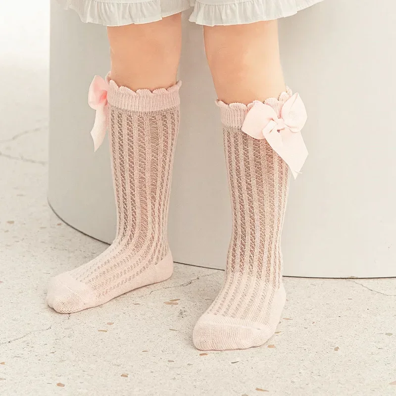 Thin Kids Knee High Socks Baby Girls Boys Bow Long Sock Soft Cotton Mesh Breathable Children Hollow Out Socken for 0-3 Years