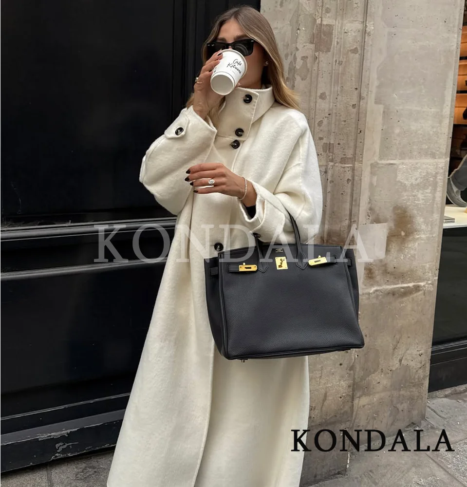 KONDALA Modny płaszcz tweedowy z wysokim kołnierzem, długi płaszcz damski, odzież wierzchnia w stylu high street, płaszcz zapinany na guziki, elegancki i szykowny płaszcz na jesień i zimę 2026.