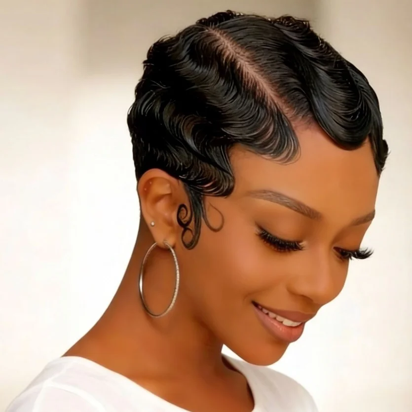 

Парик из натуральных бразильских волос Finger Wave с кружевной передней частью 13x4, плотность 180%, стрижка пикси для естественного образа, черный, цвет 99j ﻿