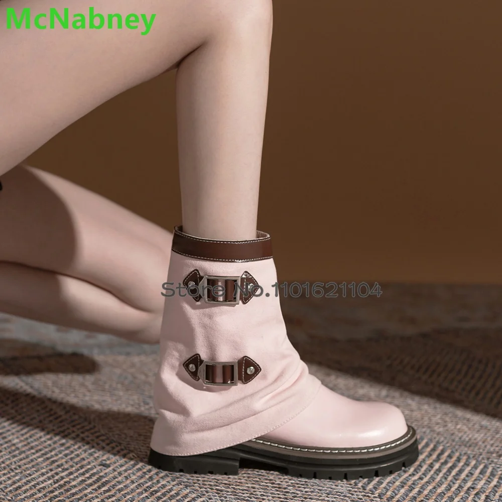 Pink Flat Shark Boots For Female Women 2024 Round Toe Buckle Design Mid-calf Side Zipper Elegant Casual Handmade Fashion Shoes