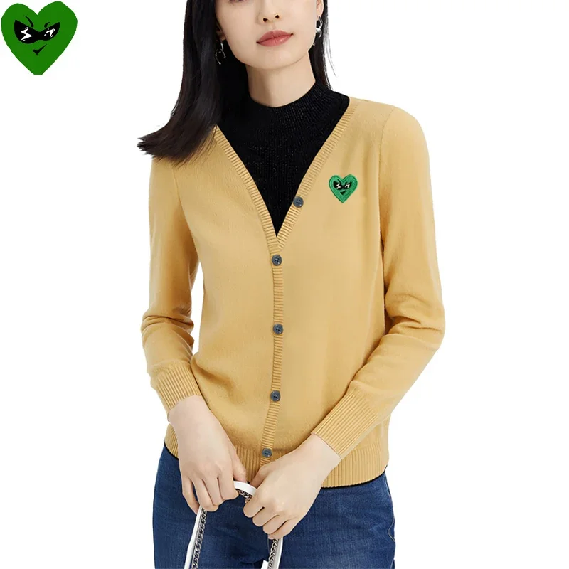 Break Egg Women Cardigan Cotton Cute Glasses Heart Embroidery V-Neck Single Breasted Long Sleeves Autumn Fit Sweater