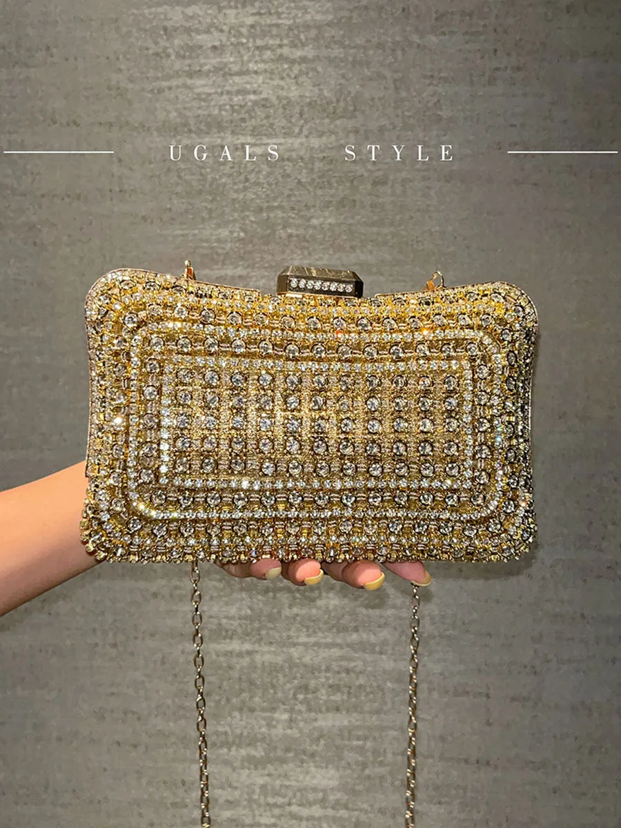 

Luxury Diamonds Glitter Evening Bags Golden Color Wedding Bridal Female Clutch Bag Vintage Style Beading Lady Chain Handbags