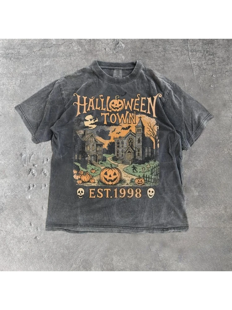 Halloween Graphic Printed T-Shirt for Unisex Oversized Retro O Neck Short Sleeve Blouse Tops Women Halloween Spooky Tee Shirts