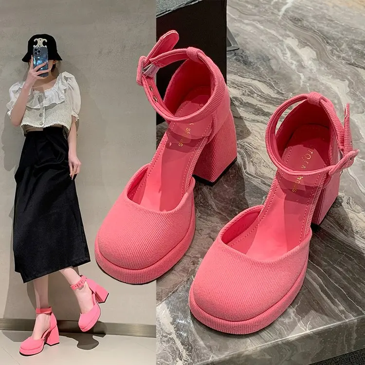 Super High Heels Mary Jane High Heels Women\'s 2024 Spring New Pink Princess Square Head Thick Heels Fashion Hollow Sandals