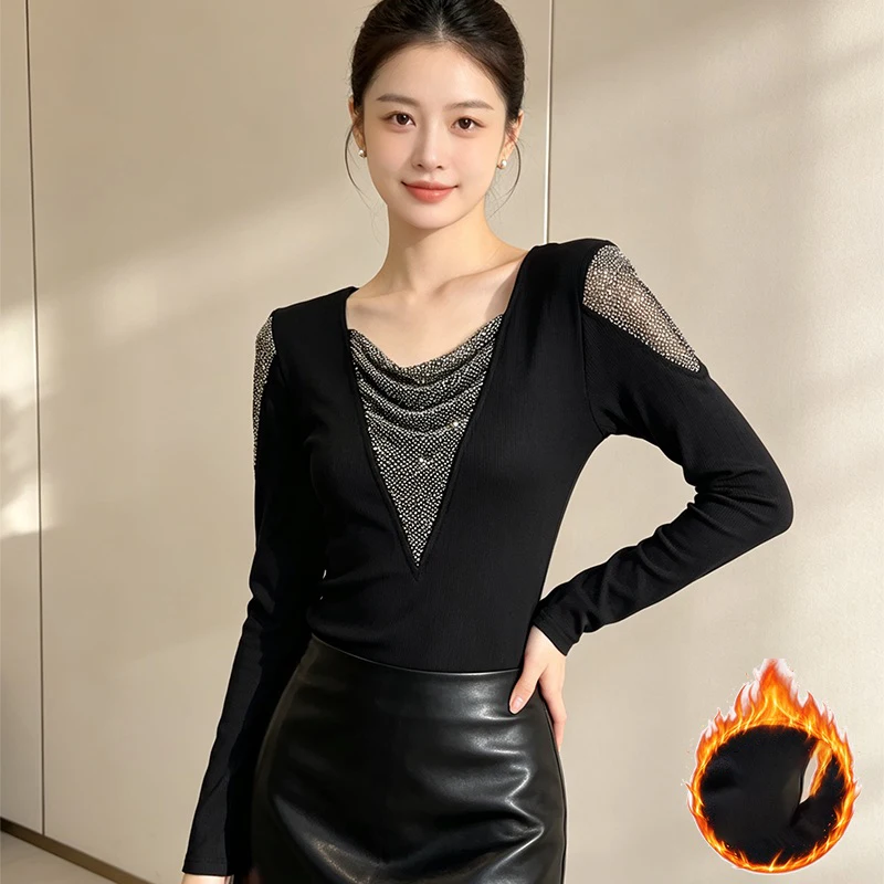 MadBlack-Women European Brushed T-Shirt, Sexy V Neck Diamond, Streetwear Long Sleeve Slim M-3XL Tee, 2026 Autumn New T6O644CC