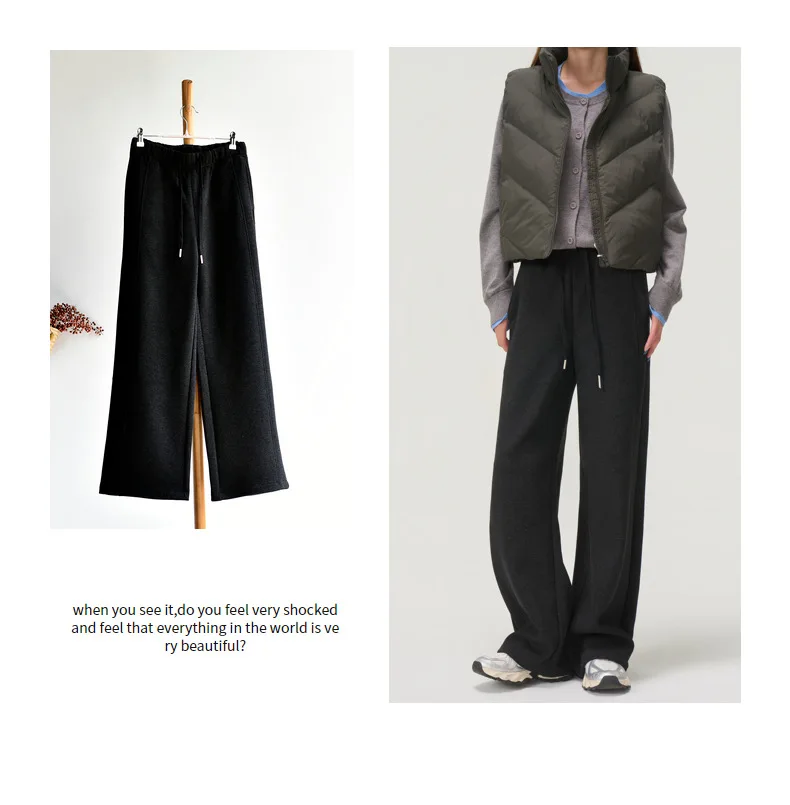 2025年 ウールシルクパンツ 縦感ストレート チューブ型 ナローバージョン ワイドレッグパンツ 冬用 ベルベット素材入り レディース