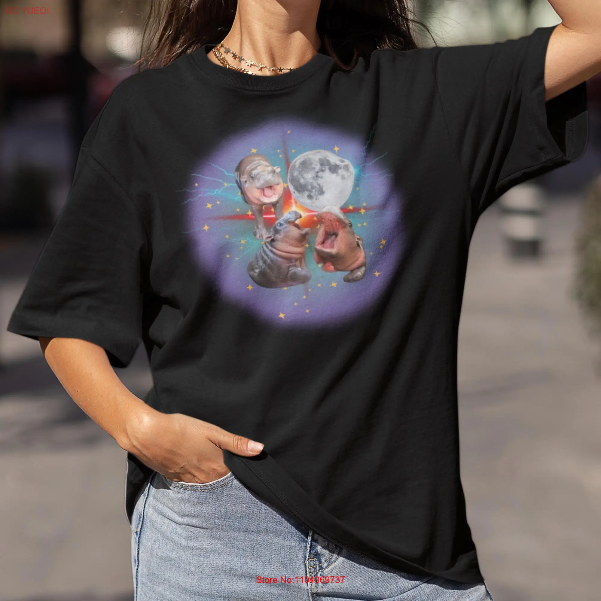 Camiseta Moo Deng con la luna, lindo bebé hipopótamo, cerdo hinchable en hipopótamo tailandés, divertido te amo, mangas largas o cortas