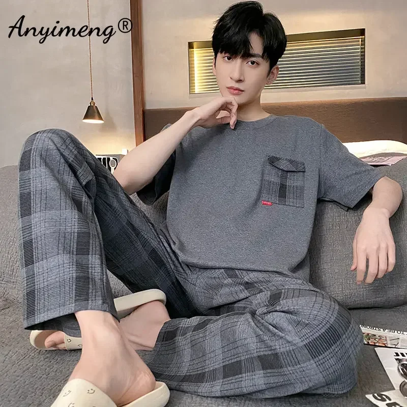 New Summer Knitted Cotton Pajamas Set for Men Fashion Man Short Sleeve Plaid Pants Sleepwear Plus Size 4XL Pijamas for Boy