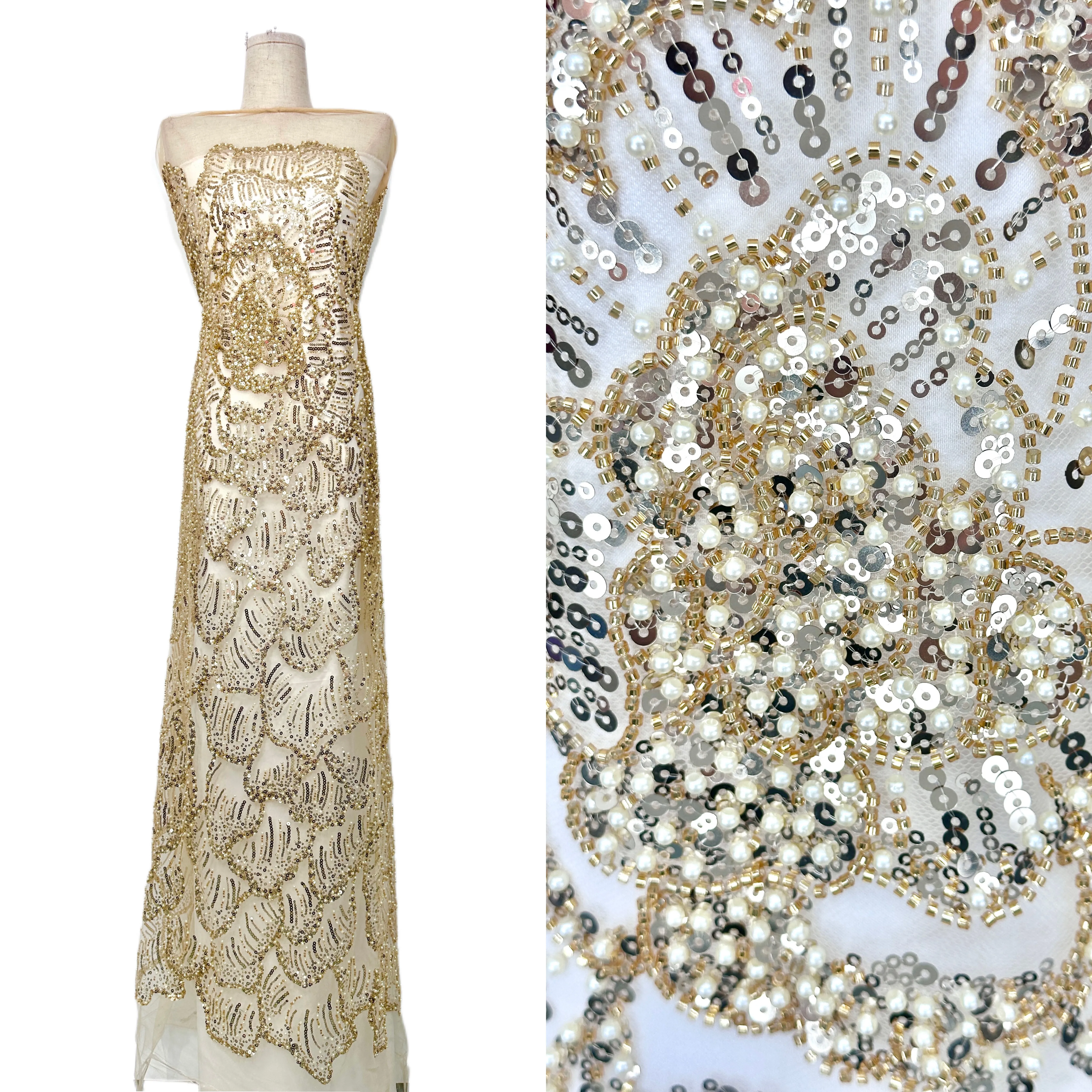 

Ткань из тюля с пайетками и бисером, тяжелое сетчатое кружево ручной работы, расшитое стразами, золотое свадебное кружево для платьев, материал 2026