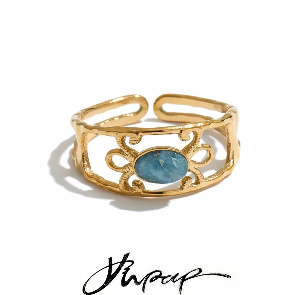 Yhpup Verstellbarer Ring aus Edelstahl mit Amazonit, Achat und Apatit für Damen, goldfarben, geometrisch, trendiger, moderner Schmuck