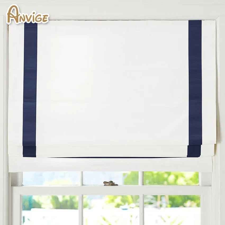 

Modern White and Navy Blue Striped Flat Roman Shades Customized Roman Blinds With Installation Included