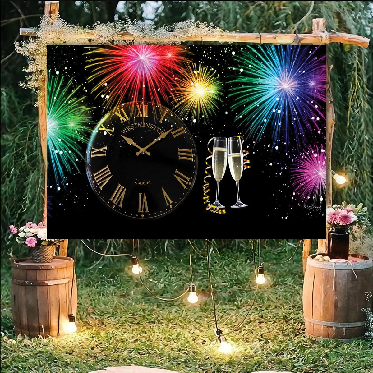 New Year Fireworks Show Backdrop Clock Champagne Room Photography Background Family Photo Shooting Banner Celebration Decoration