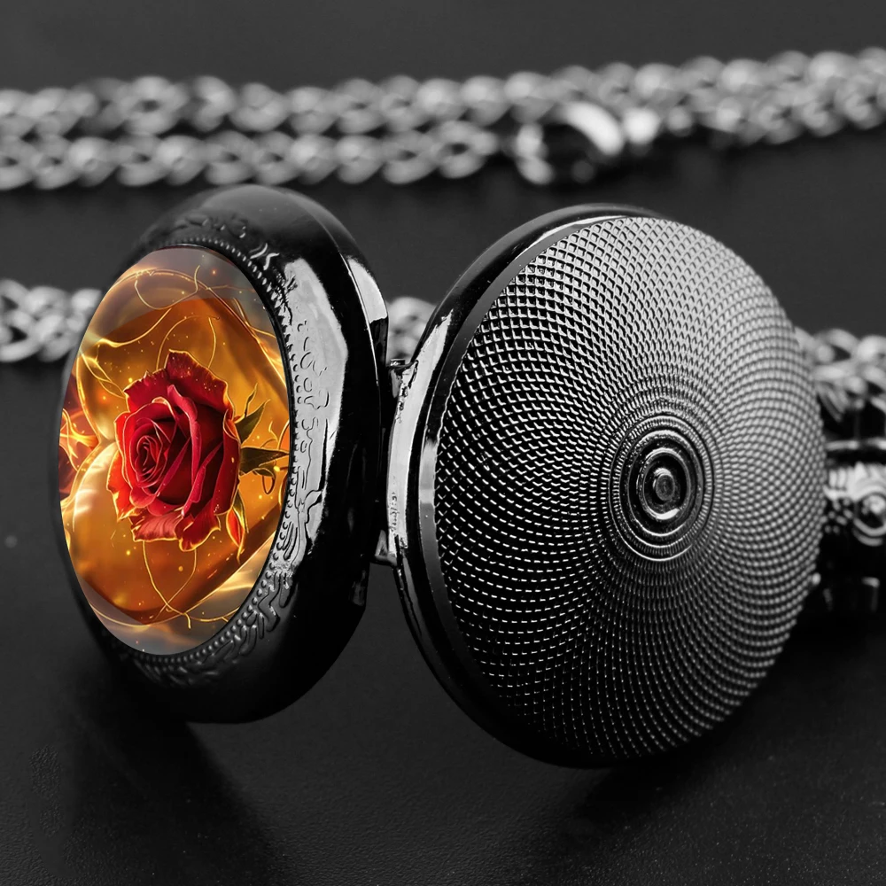 Fiery Rose-reloj de bolsillo de cuarzo negro para hombre y mujer, pulsera con cadena duradera, números árabes, pantalla de tiempo, regalo