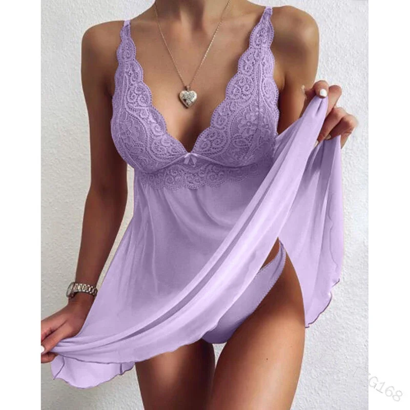 Camicia da notte sexy in pizzo trasparente per le donne Indumenti da notte a V profondo senza maniche Babydoll Biancheria intima femminile Camicie da notte Camicia da notte