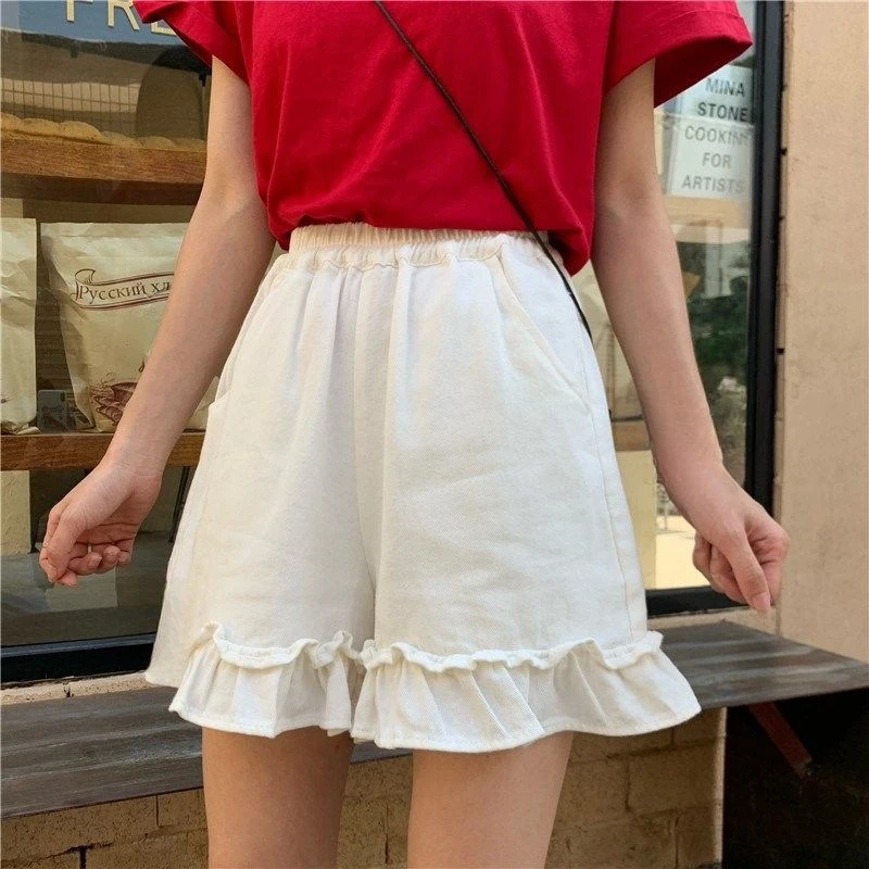 Shorts Women All-match Streetwear Solid Ruffles Chic Kawaii High Waist Korean Fashion Classic Prevalent Summer Sweet Students