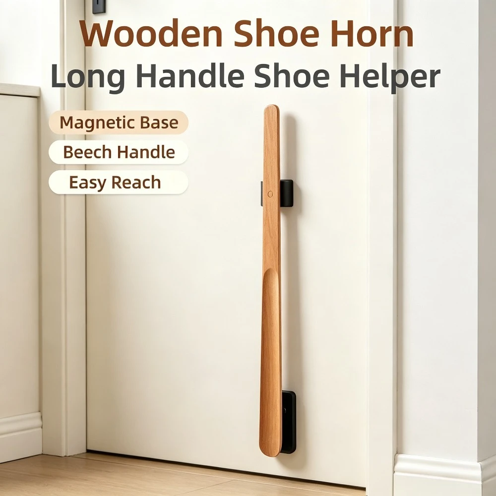 55CM Wooden Long Handle Magnetic Shoehorn Shoe Spoon Easy Wear Shoe Helper for Seniors Custom Logo Support Wholesale