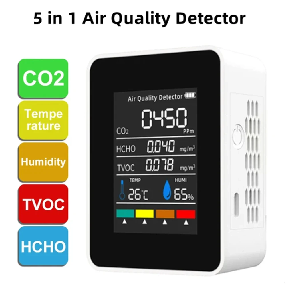 

5 in 1 Digital Air Quality Monitor CO2 HCHO TVOC Humidity and Temperature Monitor CO2 Tester LCD Rechargeable