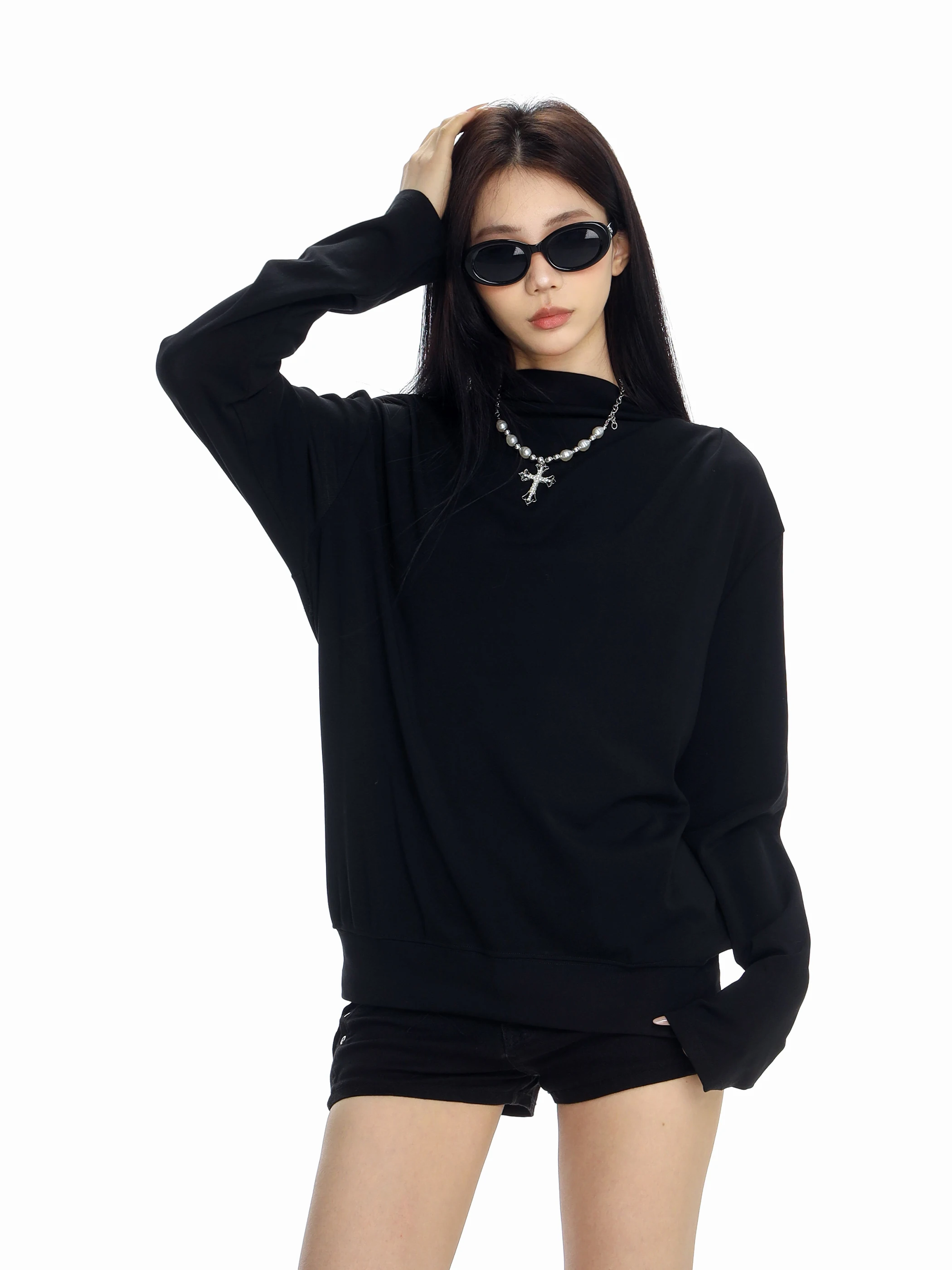 

Loose Fit Long Sve f High Ne Pure Color Base irt Women's Lazy Sle Top Ci Walk Dance Universal Size Breathable C...