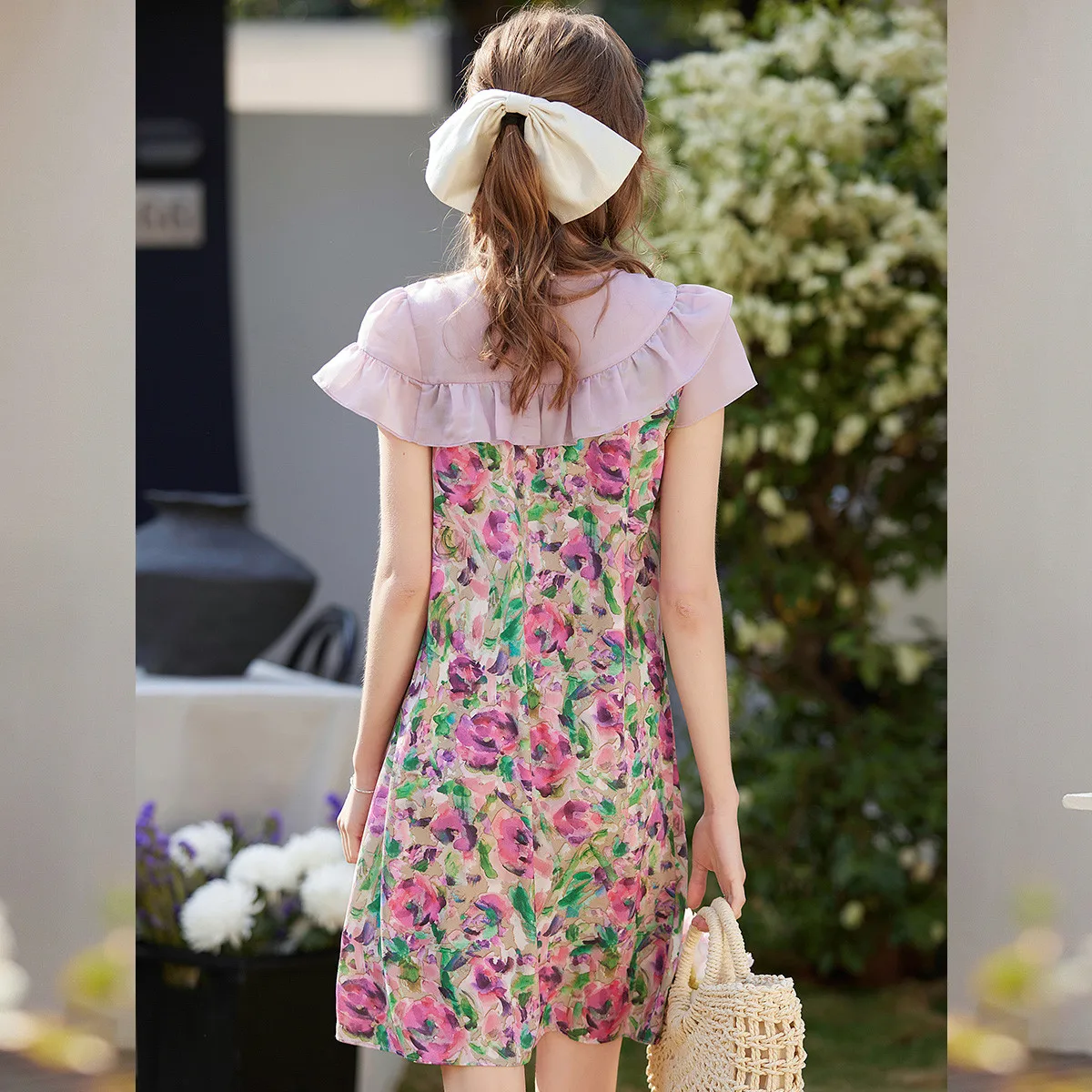Fresh sweetfloral dress woman Round neck Flounced edge long dress Beaded button A-line dresses Female Clothing Summer New 2025