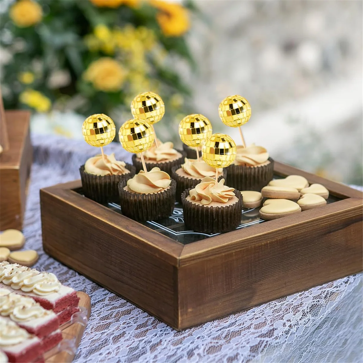 24 قطعة كرة ديسكو كب كيك القبعات العالية ديسكو الكرة كب كيك يختار كرة مرآة عاكسة كعكة القبعات العالية ديسكو الزينة الذهب