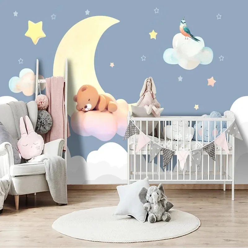 Personalizado 3D moderno Simple nórdico dibujado a mano Oso De dibujos animados Luna cielo fondo para habitación De niños Papel De pared Tapety Fresco