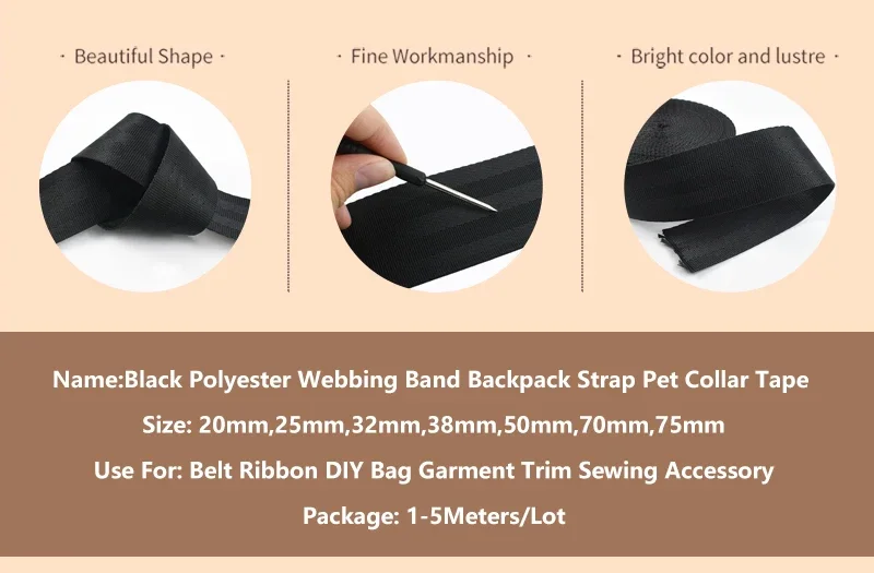 5/10 Meter 20-75mm Schwarzes Nylon-Gurtband für Taschen, Schultergurte, Rucksackgurte, Schrägband, Dekoration, Bekleidung, DIY-Nähzubehör – Detail 2