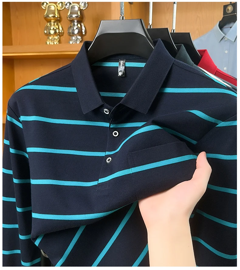 Leichtes Luxus-Poloshirt mit Streifenmuster, langen Ärmeln, für Herren, bequem, hochwertig, mit Tasche, neues lässiges T-Shirt, Frühling/Herbst, modisches Oberteil mit Kragen. – Detail 8