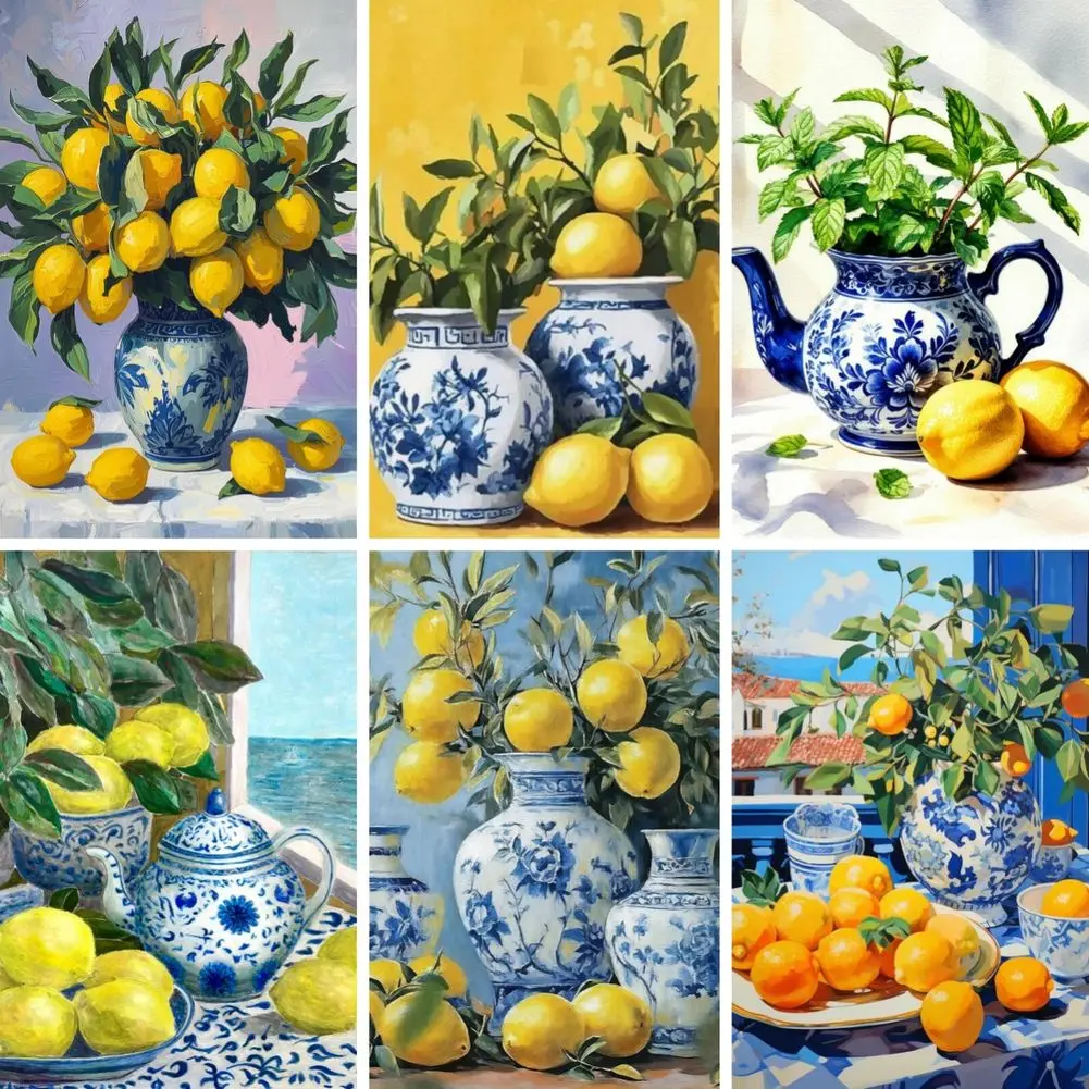 Full Drill Diy Diamond Painting Mosaic Yellow Lemon Fruit Blue White Porcelain Teapot Still Life Cross Stitch Home Decor Gift