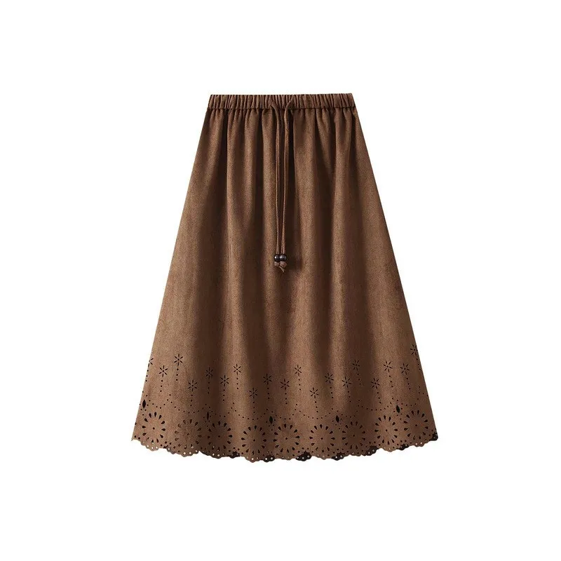 Retro Deerskin Velvet Lace Short Mid-length Skirt For Women Autumn Loose Tight Waist Vacation A-line Skirt