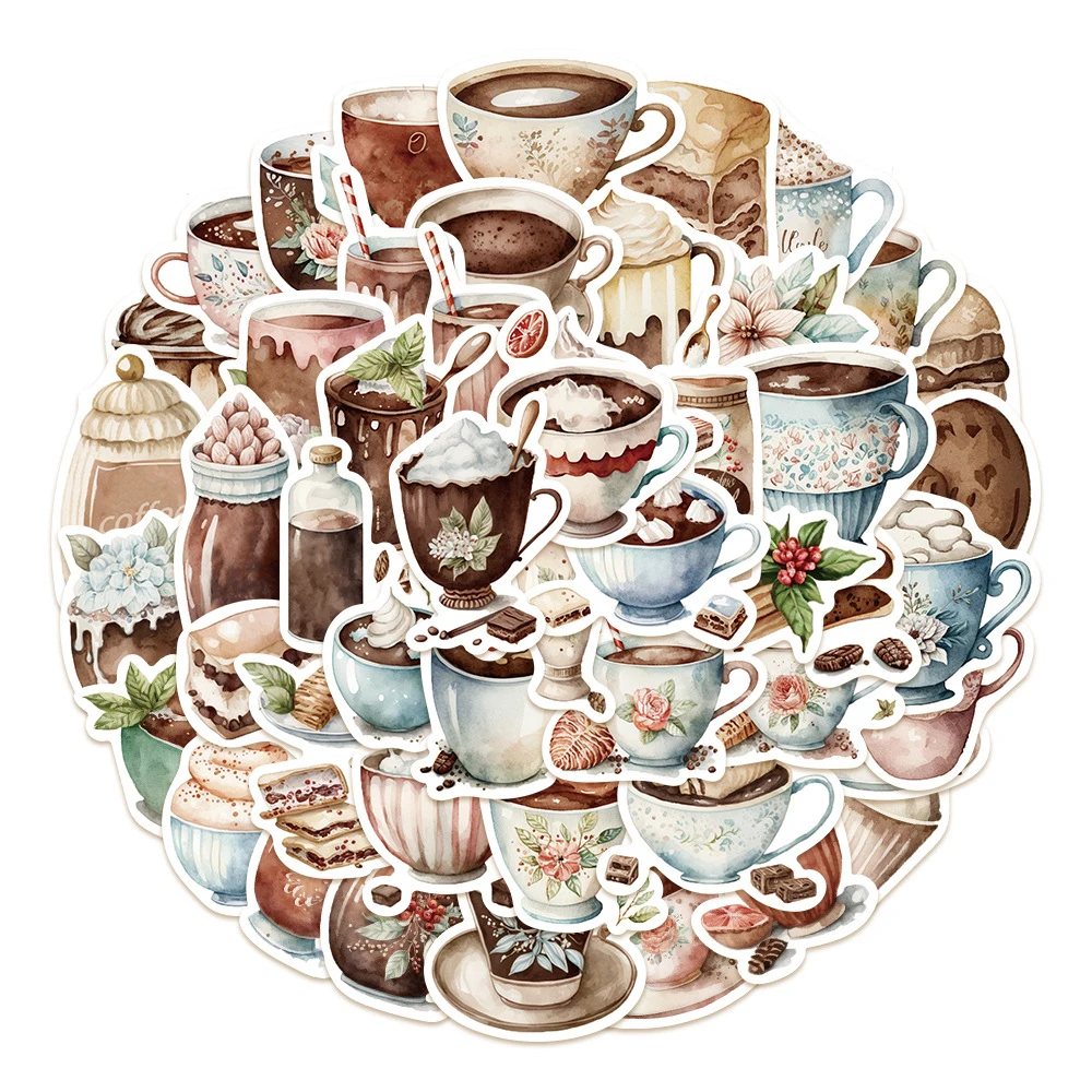

10/30/50pcs Retro Cartoon Coffee Cake Dessert Stickers Afternoon Tea Graffiti Sticker Notebook Luggage Phone Decals Decoration