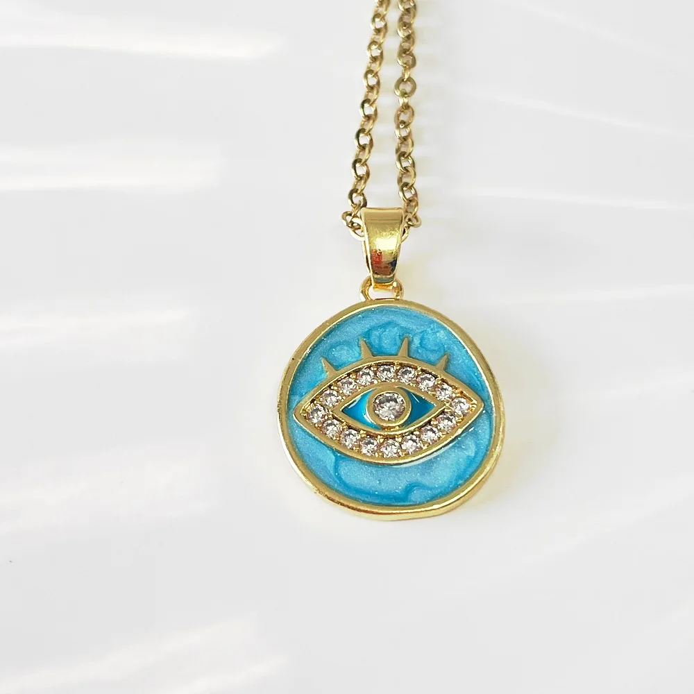 

Stainless Steel Enamel Necklace with Heart, Evil Eye Pendants, 18K