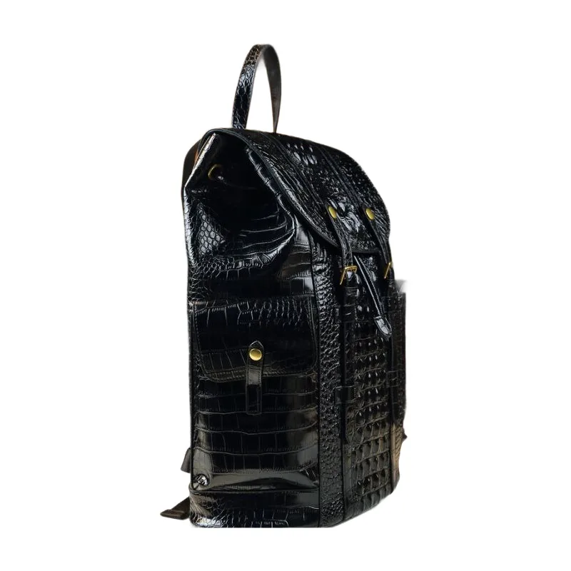 Genuine Cowhide Crocodile Pattern Travel Backpack - Unisex Large School Bag for Students & Office Workers with Anti-Theft Zipper