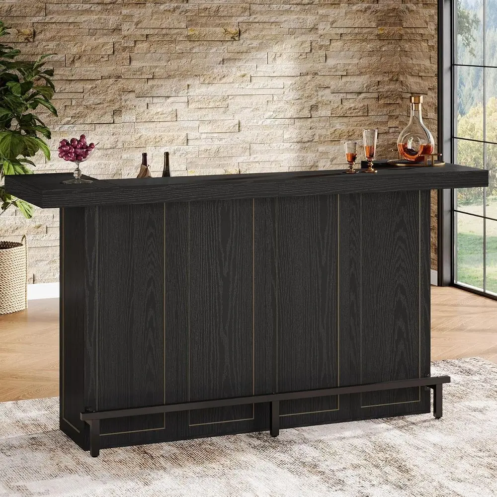 70.9-Inch Large Wooden Home Bar Unit with Wine Glass Holder and Black Footrest, Pub Table with Storage Shelves for Dining Room