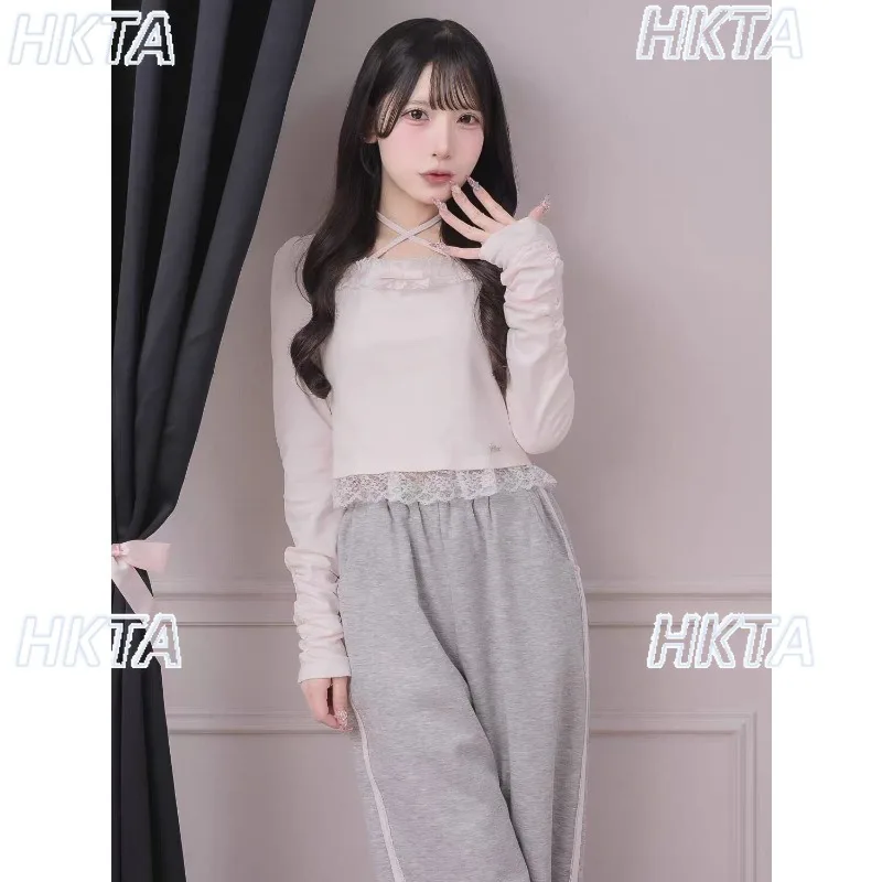 Japanese Lace Strap Long-sleeved Tshirt Top Autumn New Lace Splicing Cute Sleeve T-shirt Casual Pants Trousers Sportswear Set