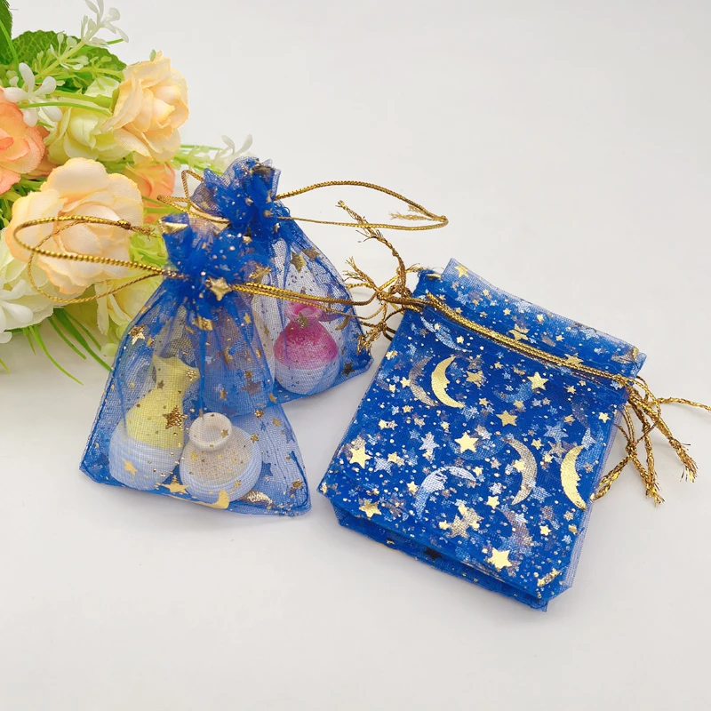 1000pcs Royal Blue Organza Gift Bags Moon Star Gift Bag Wedding Packaging Jewelry Storage Bags Small Sachet Bag Drawstring Pouch