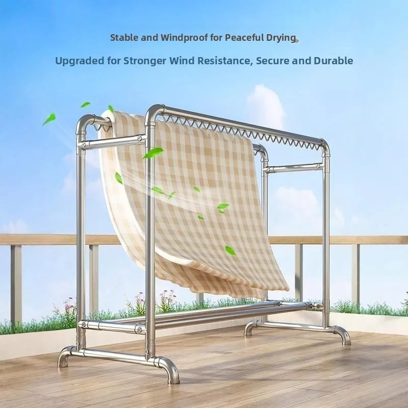 Floor Standing Steel Pipe Clothes Drying Rack Bedroom Outdoor Home Balcony Clothes Hanging Simple Quilt Drying Rod Coat Rack