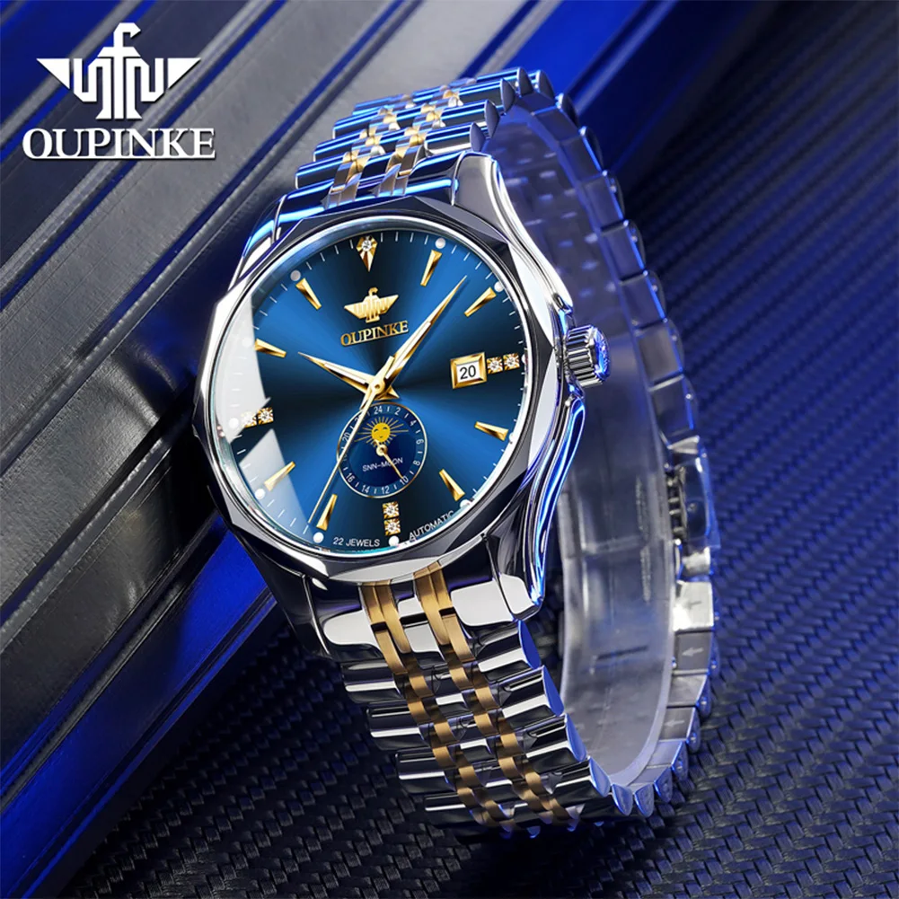 OUPINKE Automatic Man Watch Auto Date Moon Phase Chronograph High-end Luxury Diamond Wristwatch for Man NEW 3275