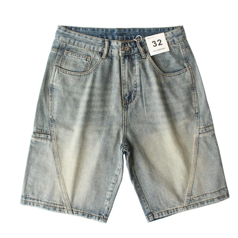 Retro loose denim mid-pants men's heavy wash and old summer double pocket five-point pants
