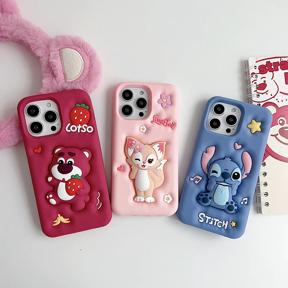 Case For iPhone 11 12 13 14 15 Pro Max Kawaii Cartoon Stitch Strawberry Bear LinaBell Expand Soft Silicone Cover