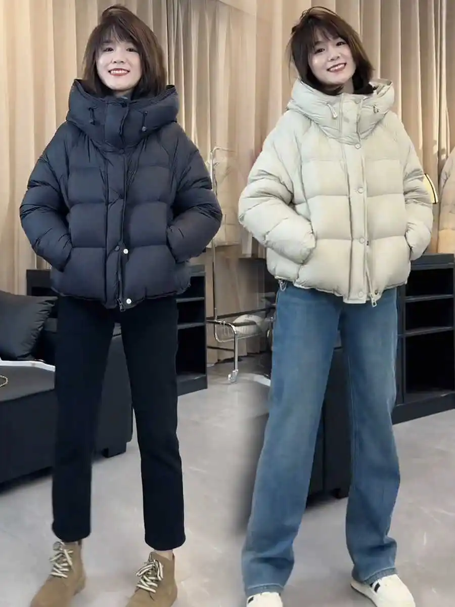 

Fashionable White Duck down Jacket Women's Short Top Winter New Korean Loose Hooded Bread Style Coat Commute Style Pure Color